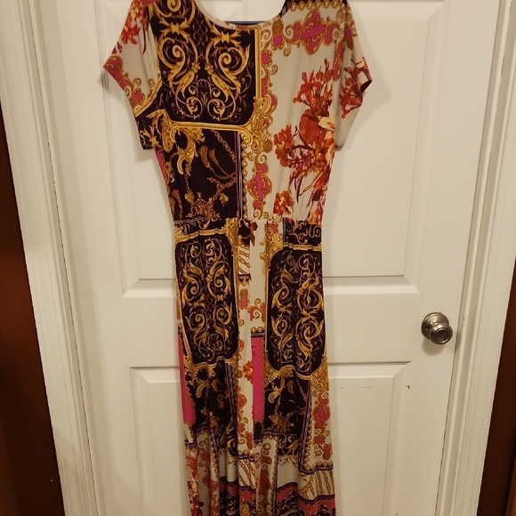 Olivia Matthews Pink and Orange Maxi Sundress V-Neck Resort Wear - Picture 4 of 4